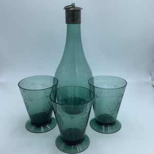 Etched Green Glass Decanter with Three Footed Cups